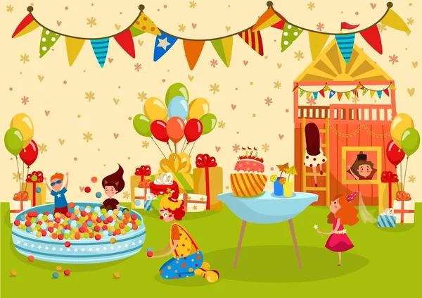 Crianças festa de aniversário, parque infantil, pessoas vetor ilustração —  Vetores de Stock