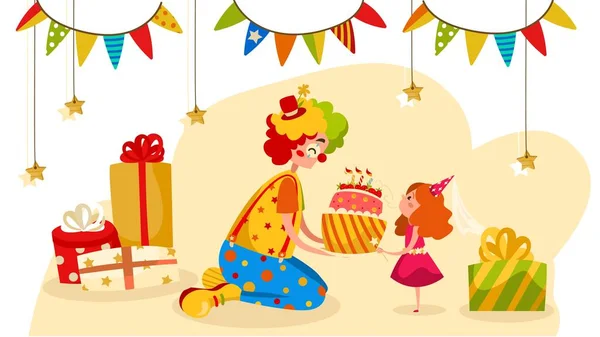 Payaso de fiesta da pastel de cumpleaños a la chica feliz, ilustración del vector de la gente — Archivo Imágenes Vectoriales