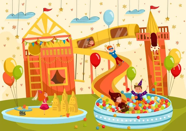 Ευτυχισμένα παιδιά που διασκεδάζουν μαζί στο playroom, άνθρωποι εικονογράφηση διάνυσμα — Διανυσματικό Αρχείο