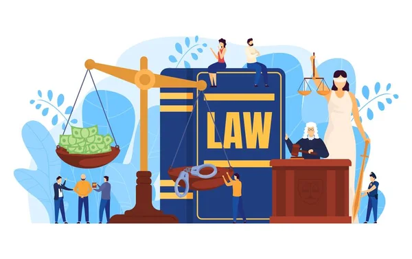Concetto di legge, giudice e avvocati in aula, bilancia simbolo di giustizia, illustrazione vettoriale delle persone — Vettoriale Stock
