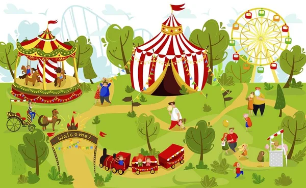 Famille heureuse ensemble dans le parc d'attractions, les gens de fête foraine d'été, illustration vectorielle — Image vectorielle