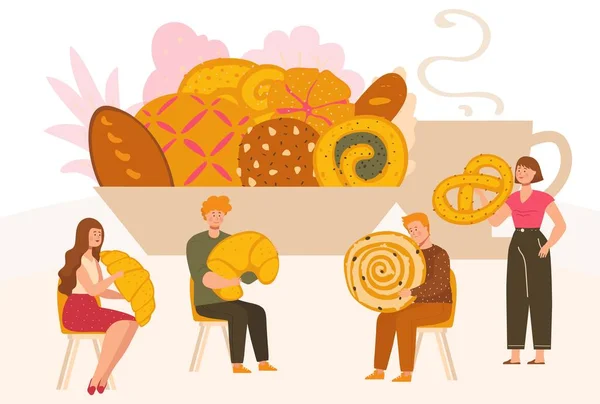 Μικροσκοπικοί άνθρωποι με τεράστια cookies και ψωμάκια, ζαχαροπλαστείο ποικιλία, διανυσματική απεικόνιση — Διανυσματικό Αρχείο