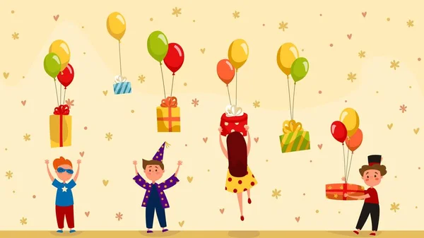 Niños felices recibiendo regalos de cumpleaños, cajas de regalo con globos, ilustración de vectores de personas — Archivo Imágenes Vectoriales