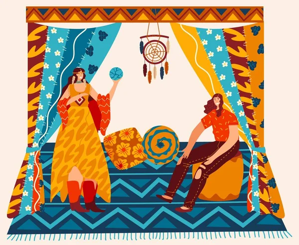 Hombre y mujer gitanos, sentarse en la habitación boho, atrapasueños, alfombra, cortinas, aislado en blanco, ilustración vector plano . — Archivo Imágenes Vectoriales