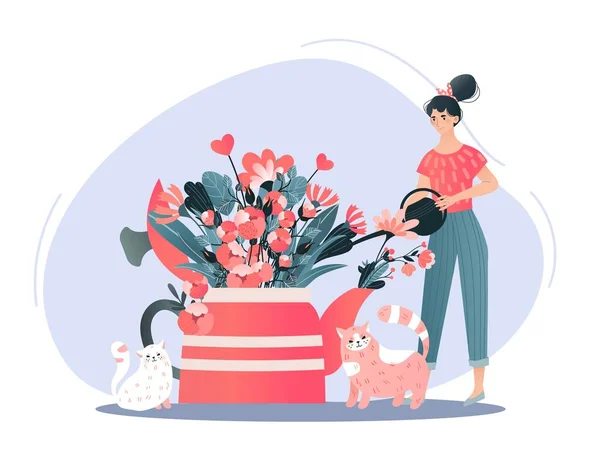 Bouquet de fleurs printanières et fille heureuse tenant des fleurs. Femme heureuse avec chat et chaton animaux de compagnie jour. Printemps fille fleur vecteur illustration . — Image vectorielle