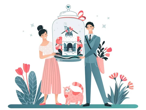 Чоловіки, жінки носять рослини з колбочками, пара чоловік і жінка, кіт, ізольовані на білому, плоскі векторні ілюстрації. Дизайн веб банера . — стоковий вектор