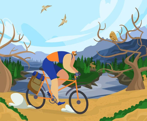 Outdoor recreatie, karakter man op fietstocht, nationaal park, meer, bos, plaats voor sport activiteiten, cartoon vector illustratie. — Stockvector