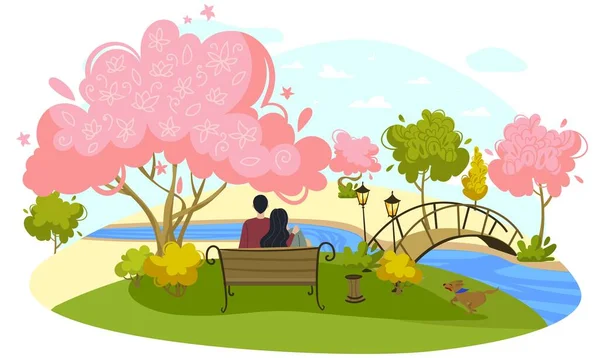 Personaggi maschio e femmina su ramo nel parco romantico, bella coppia in data, isolato su bianco, illustrazione vettoriale piatta . — Vettoriale Stock