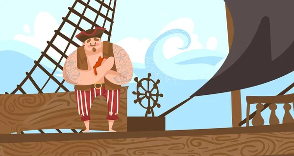 Piratenkapitein op de boot, vrolijk kinderspel, vlakke vectorillustratie. Design viering, cadeaubon, banner, poster. — Stockvector