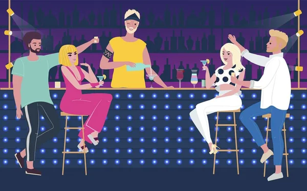 Bohaterowie imprez firmowych ludzi, mężczyzn i kobiet w nocnym klubie, młodzi ludzie piją alkohol, ilustracja wektora płaskiego. Barman bar leczyć alkohol. — Wektor stockowy