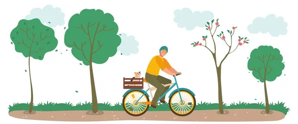 Outdoor recreatie, karakter man op fietstocht, nationaal park, meer, bos, plaats voor sport activiteiten, cartoon vector illustratie. — Stockvector