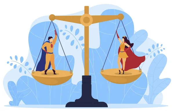 Gendergelijkheid, super personages vrouw en man staan schalen, geïsoleerd op witte, platte vector illustratie. man, vrouw hebben gelijk recht. — Stockvector