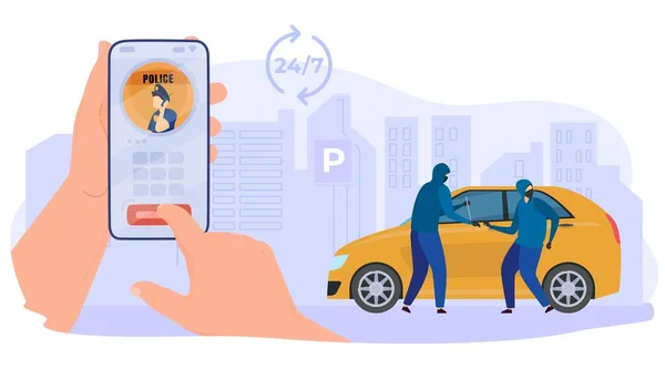Połączenie online policji, charakter przestępczy ukraść samochód, trzymać telefon komórkowy z aplikacją, izolowany na białym, płaski wektor ilustracji. — Wektor stockowy