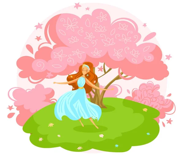 角色在粉红的树下跳舞,可爱的女人,被白色的,扁平的矢量图解隔离.外面公园里的女孩. — 图库矢量图片