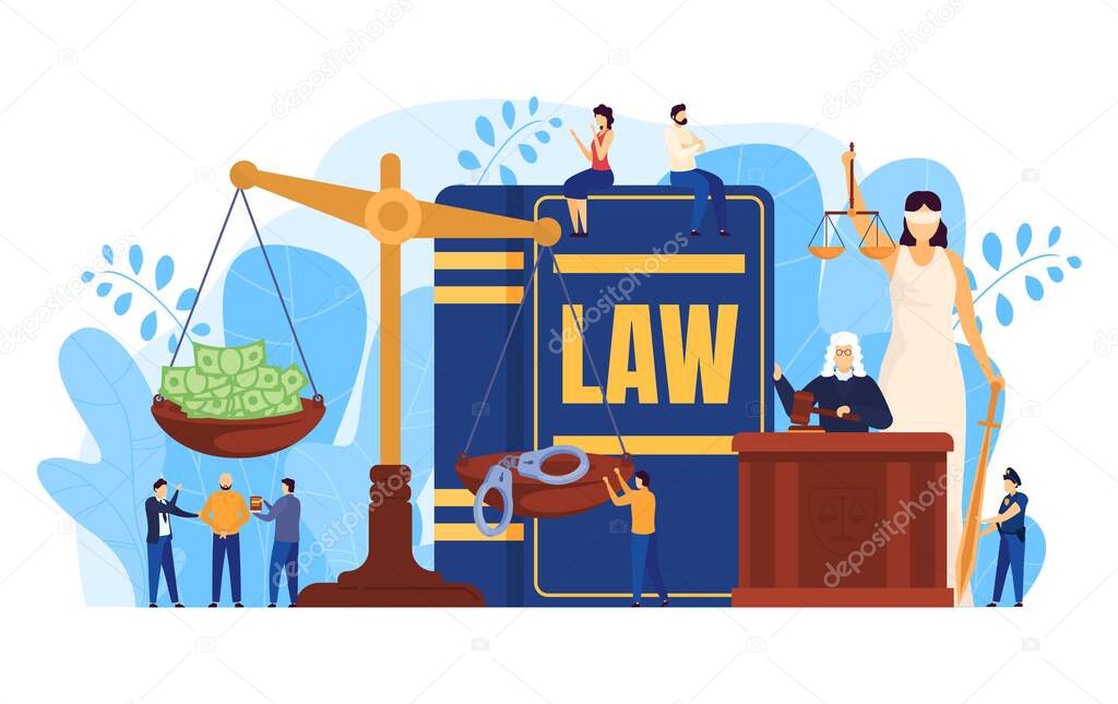 Law concept, judge and lawyers in courtroom, scales symbol of justice, people vector illustration