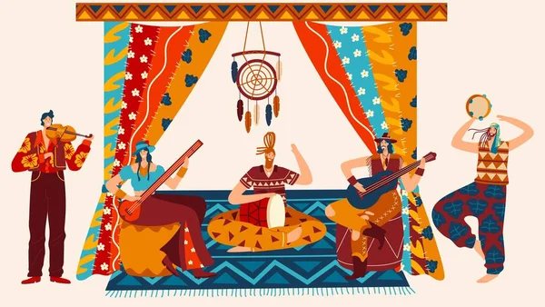 Gypsy indian male and female, play traditional music boho room, dreamcatcher, carpet, curtains, guitar, drum isolated on white. — Stock Vector