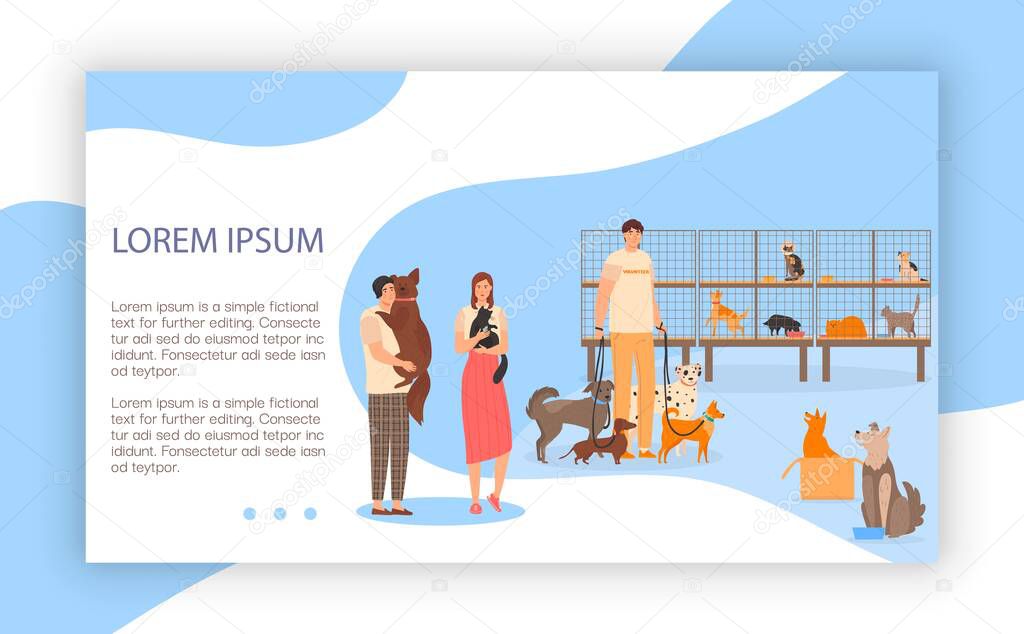 Adopt pets, characters couple, male and female take dog, cat, help abandoned animal, flat vector illustration.