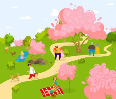 Spring City Sakura Parkı, karakterler, insanlar dinleniyor, köpekleri eğitiyor ve yürütüyor, aile pikniği, düz vektör çizimi, beyaz arka planda izole edilmiş..
