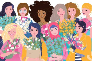 Feminizm karakteri kadınlar, bireyler farklı milletler, kültürler, inançlar, düz vektör çizimleri. Kadın gururu, güç.