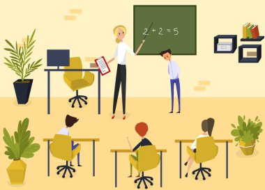 Kadın öğretmen karakteri, öğrenci bilgi alır, çocuk matematik, matematik, sınıf, kitap, düz vektör çizimi bilmez..