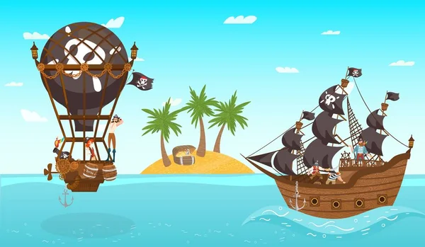 Karakters mannelijke piraten commando over luchtballon gevecht vs schip, teamgevecht, watergevecht, tropisch eiland, palmboom, gouden schat. — Stockvector