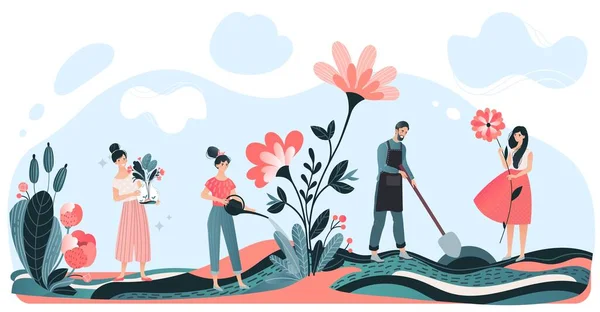 Maschio, femmina raccolto e cura fiore, contadino uomo e donna scavare terra, isolato su bianco, illustrazione vettoriale piatta. Design banner web . — Vettoriale Stock