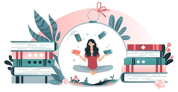 Postać kobieta żonglerka książka, pamiętnik, stos broszury, izolowane na białym, płaski wektor ilustracji. Projekt banera internetowego. — Wektor stockowy