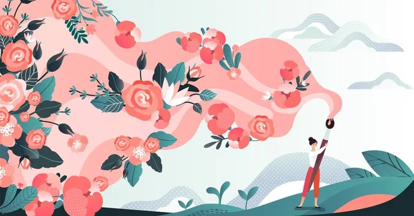 Personaje mujer en el campo dibujar flor por pincel, pintura flor roja de artista femenina en el lugar de hierba, ilustración vector plano . — Archivo Imágenes Vectoriales