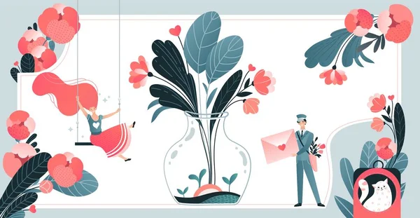 Caráter carteiro levar carta de amor, plantas banco de frascos, flor isolada em branco, minúscula ilustração vetorial plana. Tempo de primavera, humor . —  Vetores de Stock