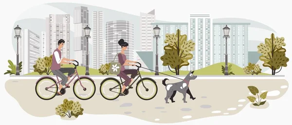 Karakters mensen, mooi koppel op fietstocht met hond, straatreizen, megapolis achtergrond, platte vector illustratie. Honden uitlaten. — Stockvector