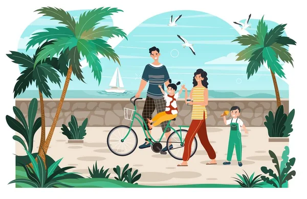 Homem personagem, mulher, criança, família de verão andando, viagem de bicicleta, passeio de descanso, ilustração vetorial plana. Design web banner . —  Vetores de Stock