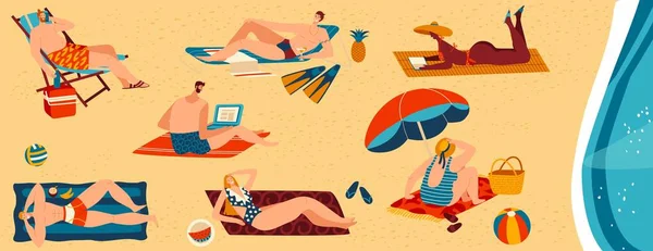 Personaggi persone sulla spiaggia di sabbia, vacanza tropicale, relax vettoriale illustrazione piatta. Maschio, femmina sulla spiaggia di sabbia . — Vettoriale Stock