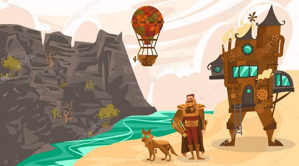 Character male, dog, steampunk airship and walking house, flat vector illustration. Air transport, gears, vintage design web banner.