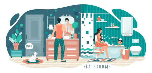 Familia en el baño, rutina de higiene matutina, ilustración vectorial de personas — Archivo Imágenes Vectoriales