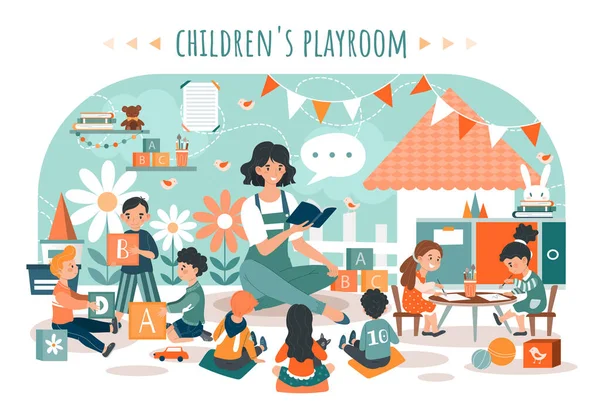 Детская игровая комната, дети с учителем в детском саду, люди векторные иллюстрации — стоковый вектор