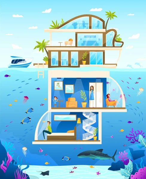 Hotel subaquático, família desfrutar de alojamento de luxo incomum, pessoas vetor ilustração — Vetor de Stock