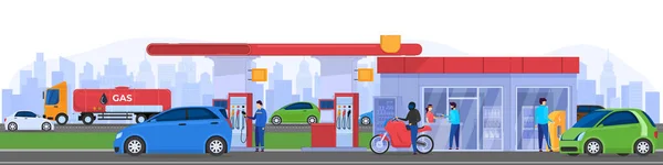 Distributore di benzina in città, persone rifornimento auto, illustrazione vettoriale — Vettoriale Stock