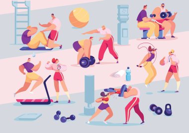 Spor dünyasının bireysel antrenör koçu, çizgi film spor karakterleri, vektör illüstrasyonu..