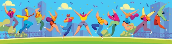 Happy people jumping in city, cartoon characters celebrating together, vector illustration