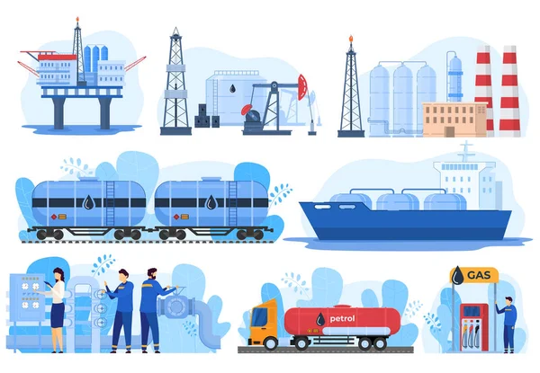 Logistica petrolifera, industria del gas, processo di estrazione del combustibile trasporto, illustrazione vettoriale — Vettoriale Stock