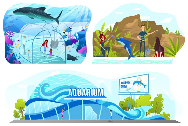 Personas en el acuario, espectáculo de delfines entretenimiento, ilustración vectorial — Vector de stock