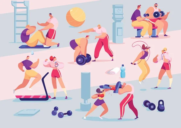 Αθλητισμός άτομα ατομική προσωπική προπονητής γυμναστή στο γυμναστήριο, κινούμενα σχέδια αθλητικούς χαρακτήρες προπόνηση διανυσματική απεικόνιση. — Διανυσματικό Αρχείο