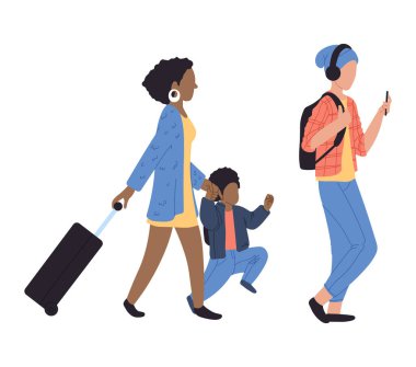 Havaalanında yürüyen insanlar, vektör çizimleri. Karakterler, kadın, erkek ve çocuk. Uluslararası havaalanında bavulları var. Bagajı olan yolcular.