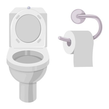 Banyo, çamaşır sepeti, jel, ısıtılmış havlu tırabzanı, yelpaze, duş, vektör çizimi, beyaz arka planda izole edilmiş. Banyo, makyaj odası..