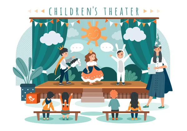 Juego de teatro para niños, niños en trajes en el escenario, ilustración de vectores de personas — Vector de stock