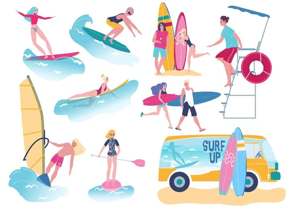 Pessoas surf, atraentes jovens homens e mulheres com pranchas de surf, ilustração vetorial — Vetor de Stock