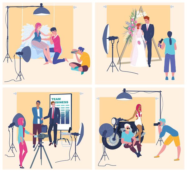 Съемки в фотостудии, профессиональная фотокамера, люди векторные иллюстрации
