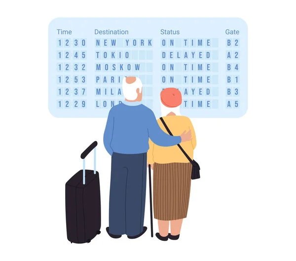 Vieux couple à l'aéroport, illustration vectorielle. Personnages femme et homme avec bagages à l'aéroport international. Passager à l'horaire de vol . — Image vectorielle