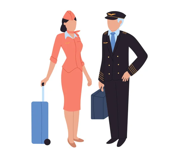 Flugpersonal, Pilot und Flugbegleiter, Frau und Mann am Flughafen, Vektorillustration. Crew-Figuren mit Gepäck im Flughafen. — Stockvektor
