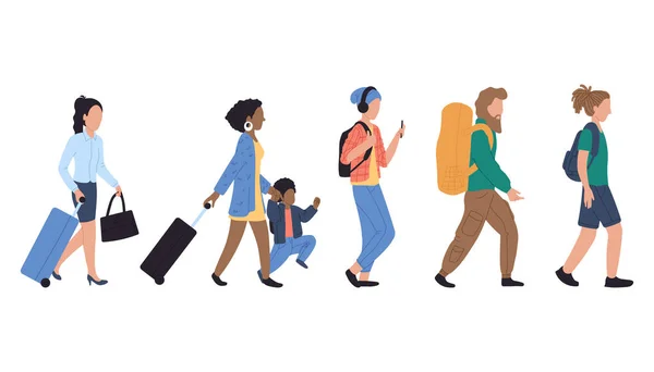 Caminando personas en cola en el aeropuerto, ilustración vectorial. Personajes mujer, hombre y niño con equipaje en el aeropuerto. Diferentes pasajeros con equipaje . — Archivo Imágenes Vectoriales